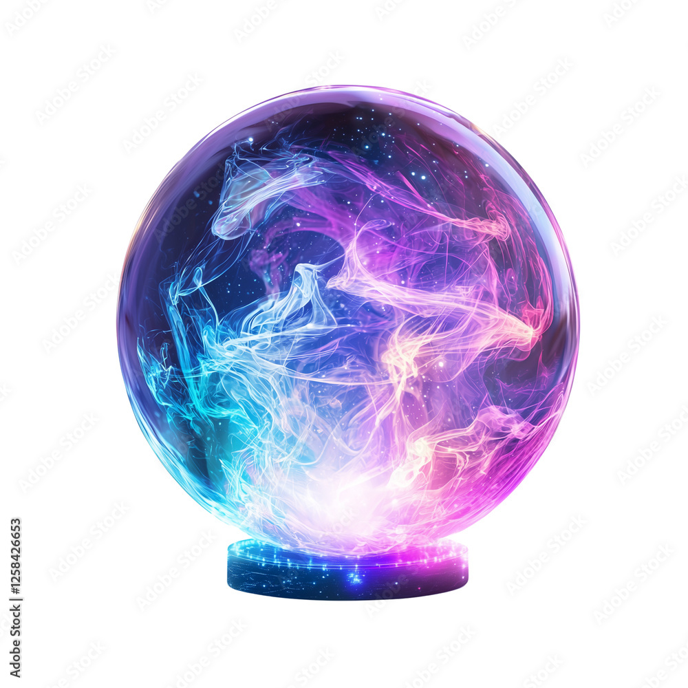 A glowing crystal orb with swirling mist inside, isolated A glowing crystal orb with swirling mist inside, isolated
