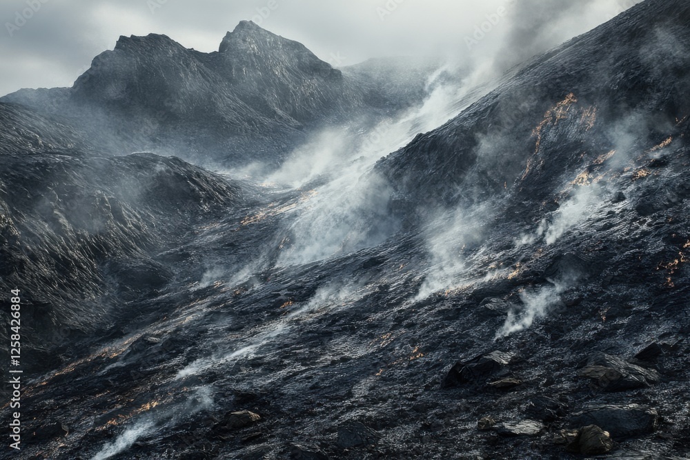 Fototapeta premium A dramatic landscape showcases a mountain range ravaged by fire with lingering smoke, rising from the charred terrain under a moody and overcast sky backdrop.