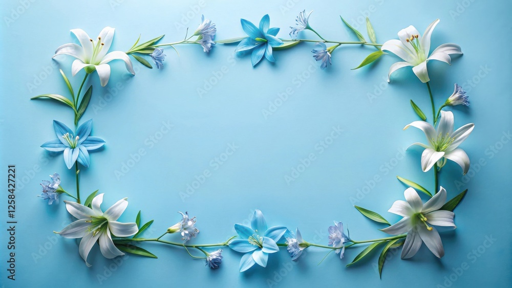 Obraz premium Serene floral arrangement with white lilies and light blue blossoms forming a rectangular frame on a pale blue background