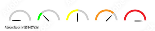Speedometer icon set. Set of gauges from low to high.   Risk concept. Set of gauges from low to high. Vector illustration.