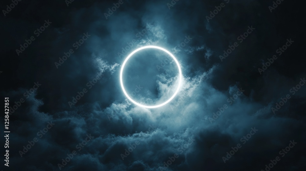 Fog cloud illuminated with striking white neon ring, great detail, dark night atmosphere generative ai Fog cloud illuminated with striking white neon ring, great detail, dark night atmosphere generative ai