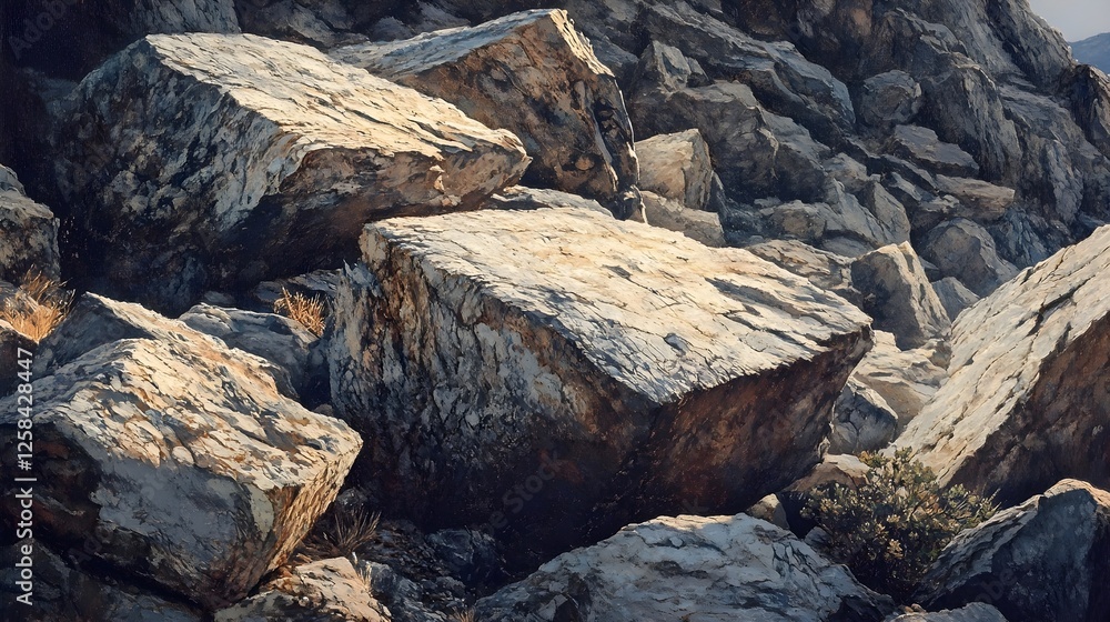 Sunlit Desert Rocks and Boulders, Rugged Mountain Landscape Sunlit Desert Rocks and Boulders, Rugged Mountain Landscape