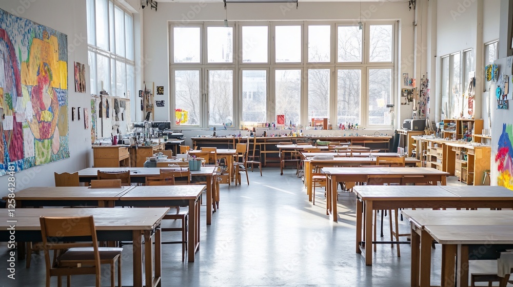 Sunlit art studio classroom with wooden tables and chairs, art supplies, and large windows. Sunlit art studio classroom with wooden tables and chairs, art supplies, and large windows.