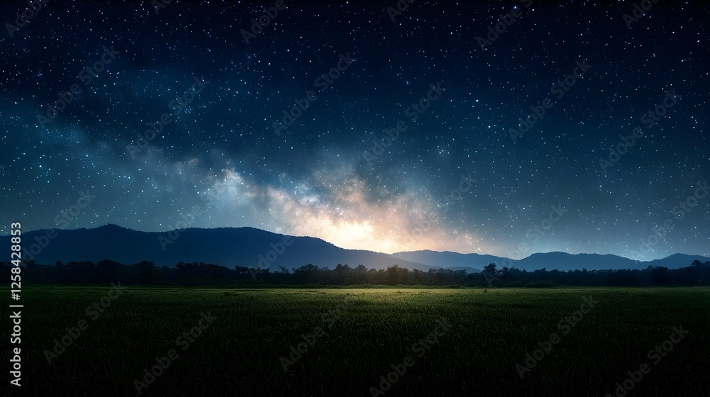 Fototapeta premium Stunning Night Sky Over Field And Mountains Panorama