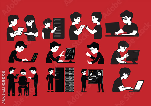 Vector Set of People Using Computers, Laptops, and Devices in Various Digital Activities