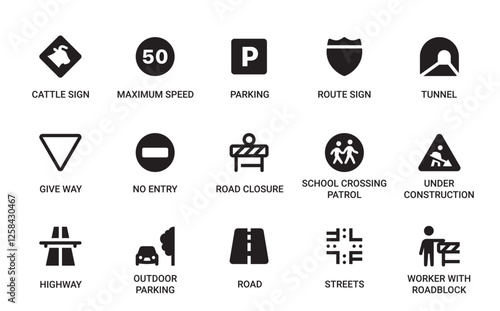 Road and Signs Category Outline Pictogram Icons Set