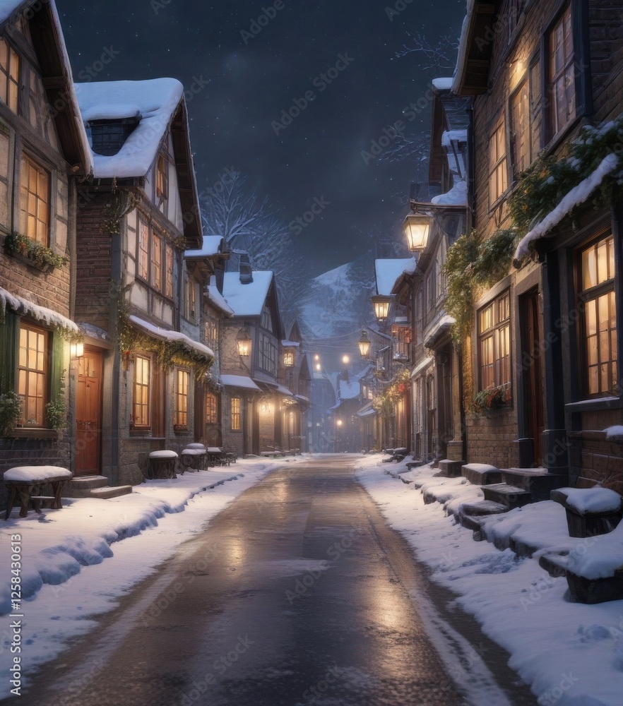 Snow-covered village street during the holiday season, festive, village, snow Snow-covered village street during the holiday season, festive, village, snow