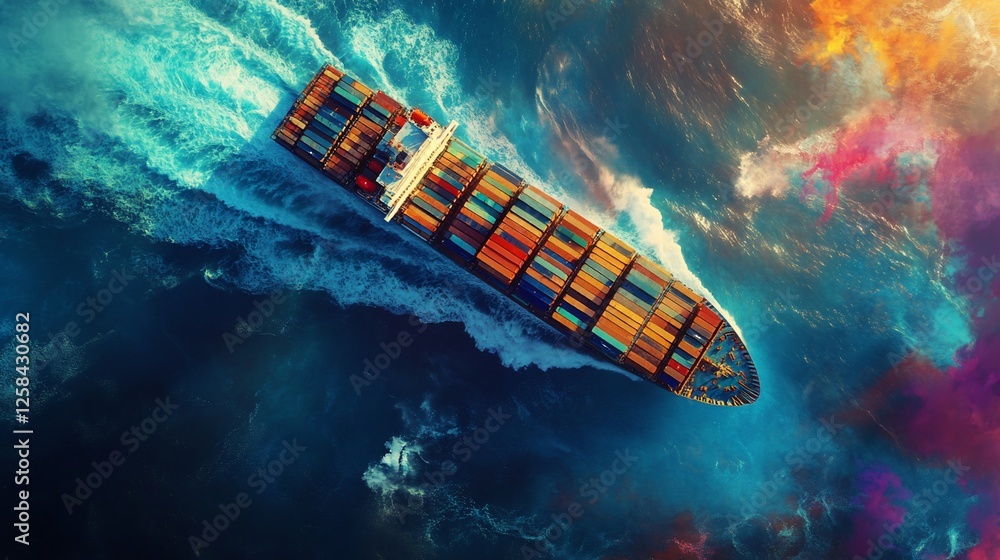 Obraz premium Aerial view of a cargo ship sailing on vibrant ocean waves.