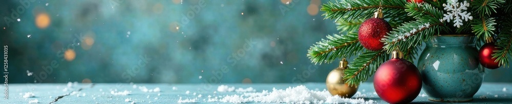 Snowflakes and evergreen branches with ornaments in a vase, Evergreen branches, Holiday centerpiece Snowflakes and evergreen branches with ornaments in a vase, Evergreen branches, Holiday centerpiece