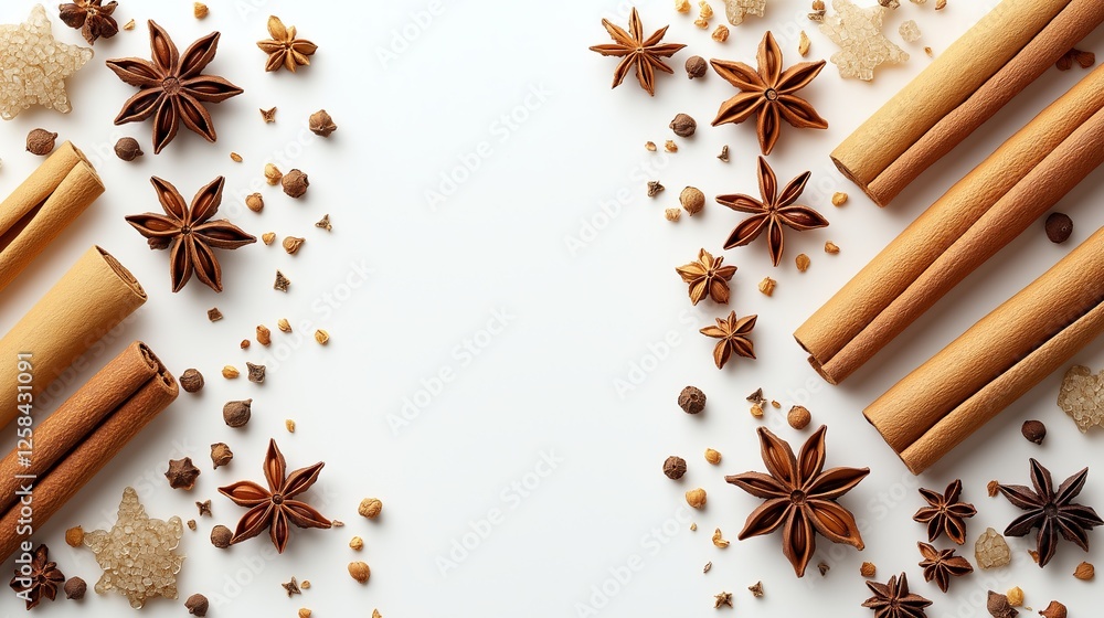 Various spices are artistically scattered across a white background, showcasing star anise, cinnamon sticks, and other aromatic elements perfect for mulled wine, cooking or baking. Various spices are artistically scattered across a white background, showcasing star anise, cinnamon sticks, and other aromatic elements perfect for mulled wine, cooking or baking.