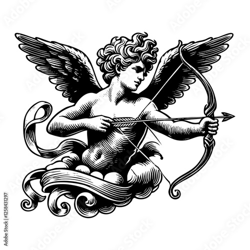 Cupid holding bow and arrow sketch engraving black and white outline. Scratch board imitation.
