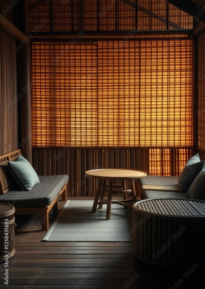 Wooden sofa with bamboo round table bamboo house background beautiful bamboo asian seaport baltic sea antebellum