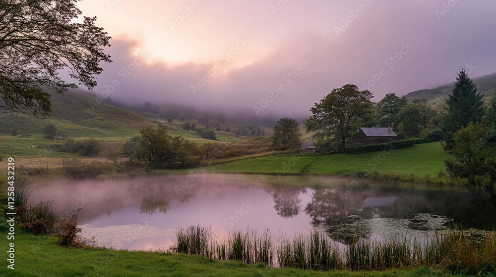Serene sunrise over misty lake and farmhouse in a tranquil valley.