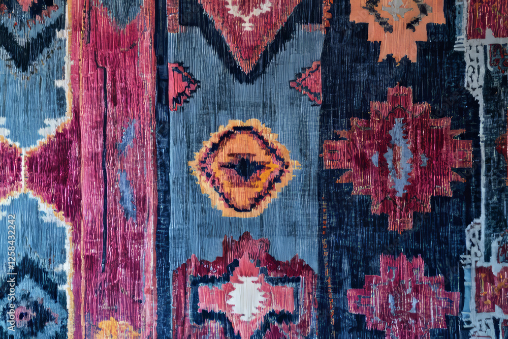 Ultra-detailed handwoven Moroccan rug texture, bold tribal motifs in deep reds and blues.