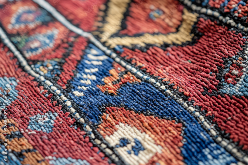 custom made wallpaper toronto digitalUltra-detailed handwoven Moroccan rug texture, bold tribal motifs in deep reds and blues.