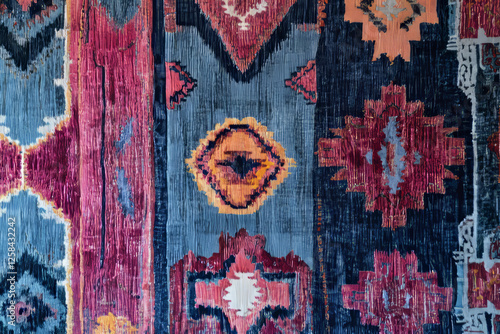 Obraz na płótnie Ultra-detailed handwoven Moroccan rug texture, bold tribal motifs in deep reds and blues. w salonie