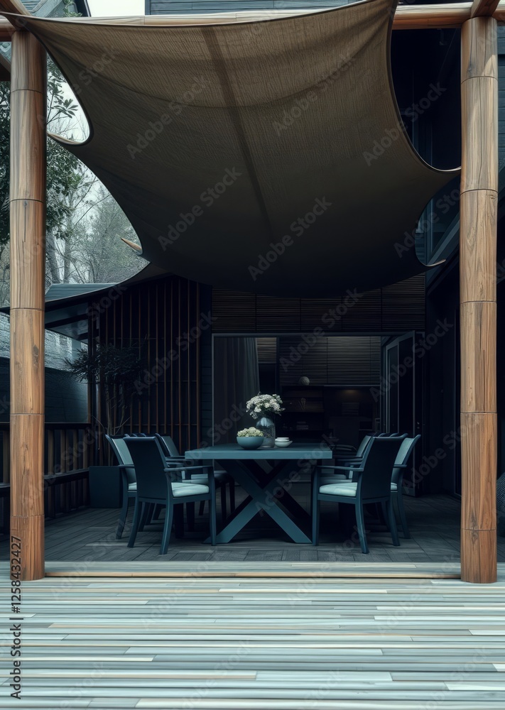 Contemporary wooden terrace with stylish dining set and elegant shade sail above bamboo house background beautiful bamboo asian seaport baltic sea antebellum