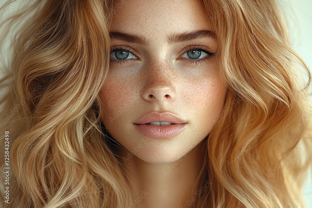 Girl with shiny long hair showcasing a stylish look and captivating blue eyes