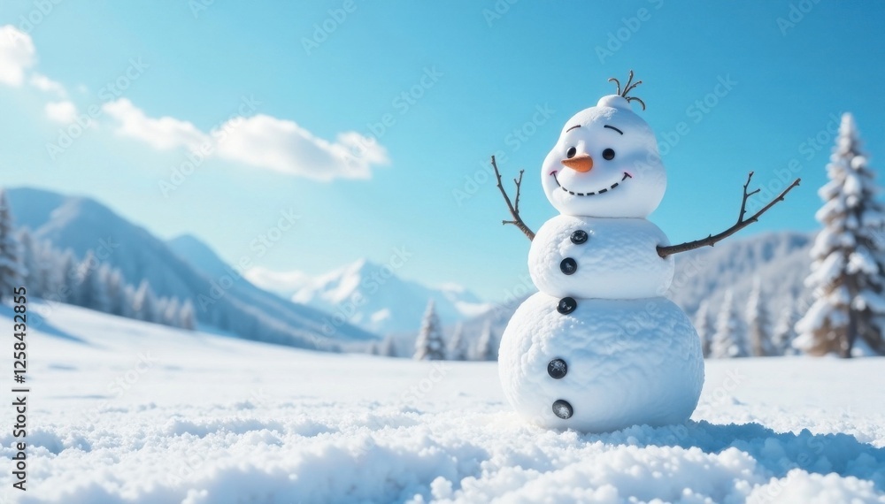 snowman standing alone in snowy landscape with clear blue sky and happy face , , snowy landscape, happy snowman snowman standing alone in snowy landscape with clear blue sky and happy face , , snowy landscape, happy snowman