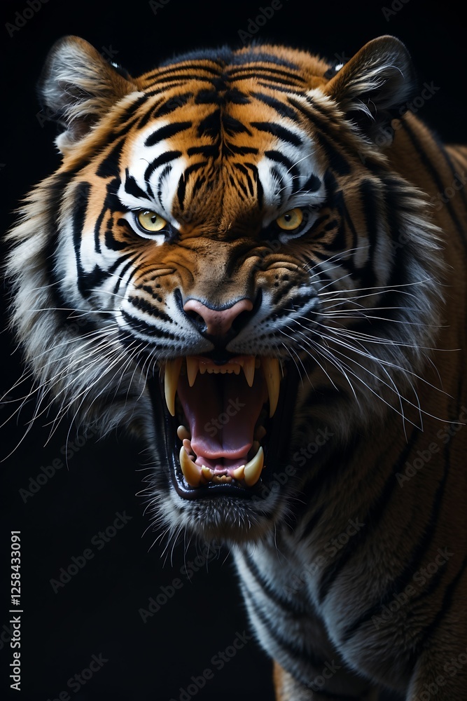 Majestic Roaring Tiger with Striking Features, A fierce tiger with vibrant stripes and an intense expression, perfect for wildlife enthusiasts and art projects. Majestic Roaring Tiger with Striking Features, A fierce tiger with vibrant stripes and an intense expression, perfect for wildlife enthusiasts and art projects.