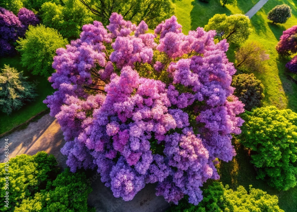 Aerial Drone View of Blooming Lilac Trees in Springtime - Lush Purple Flowers Aerial Drone View of Blooming Lilac Trees in Springtime - Lush Purple Flowers