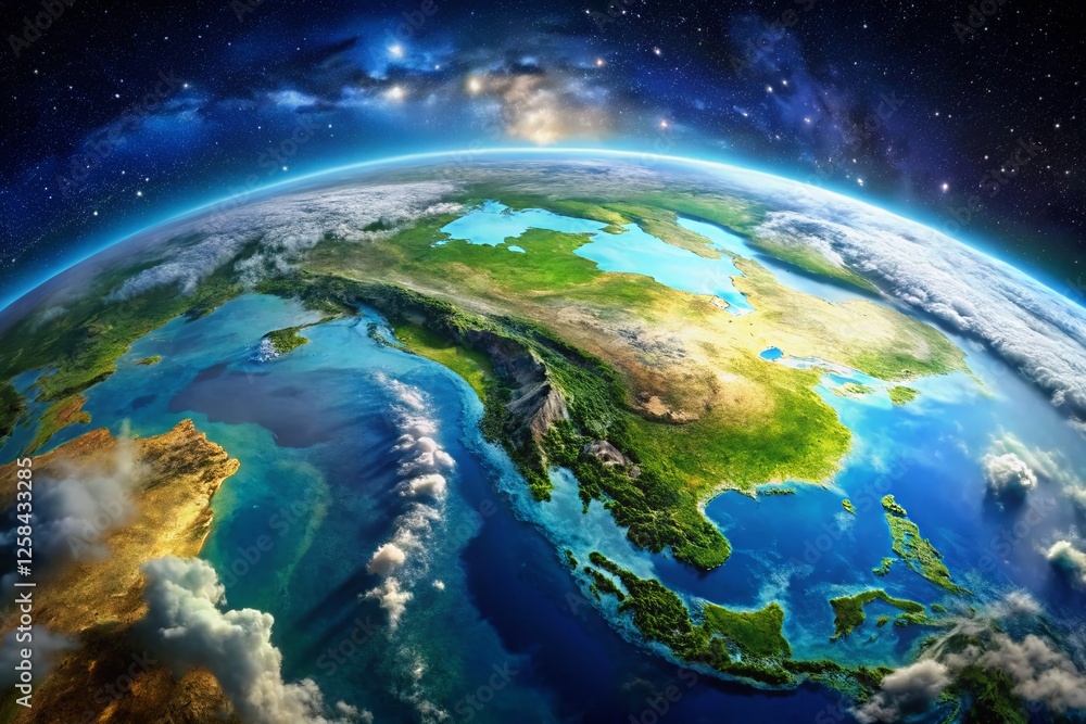 Fototapeta premium Southeast Asia Aerial View: Planet Earth, Detailed Country Borders & Clouds