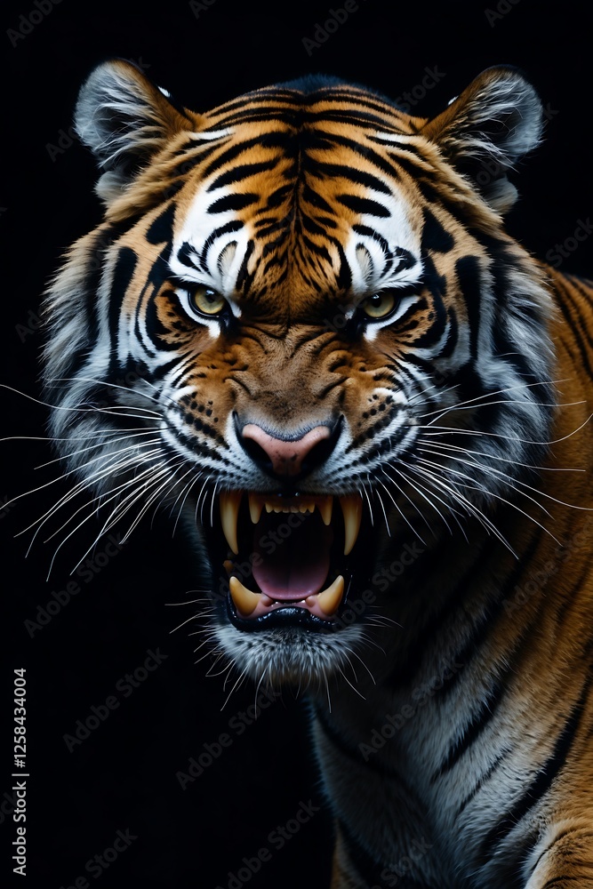 Naklejka premium Majestic Roaring Tiger with Striking Features, A fierce tiger with vibrant stripes and an intense expression, perfect for wildlife enthusiasts and art projects.