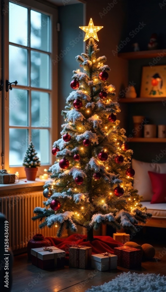 Obraz premium Snowy Christmas tree with ornaments and lights in a cozy room, decorations, christmas