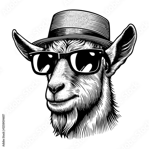 Goat wears sunglasses and hat engraving black and white outline. Scratch board imitation. illustrated in vintage line art style on a white background.
