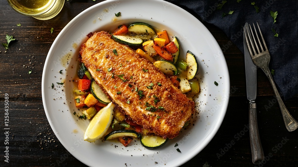 Pan-fried fish fillet with roasted vegetables, lemon, and herbs served on a white plate. Pan-fried fish fillet with roasted vegetables, lemon, and herbs served on a white plate.