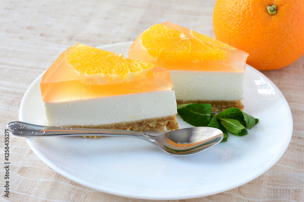 two slices of Orange Jelly Cheesecake with teaspoon on the saucer two slices of Orange Jelly Cheesecake with teaspoon on the saucer