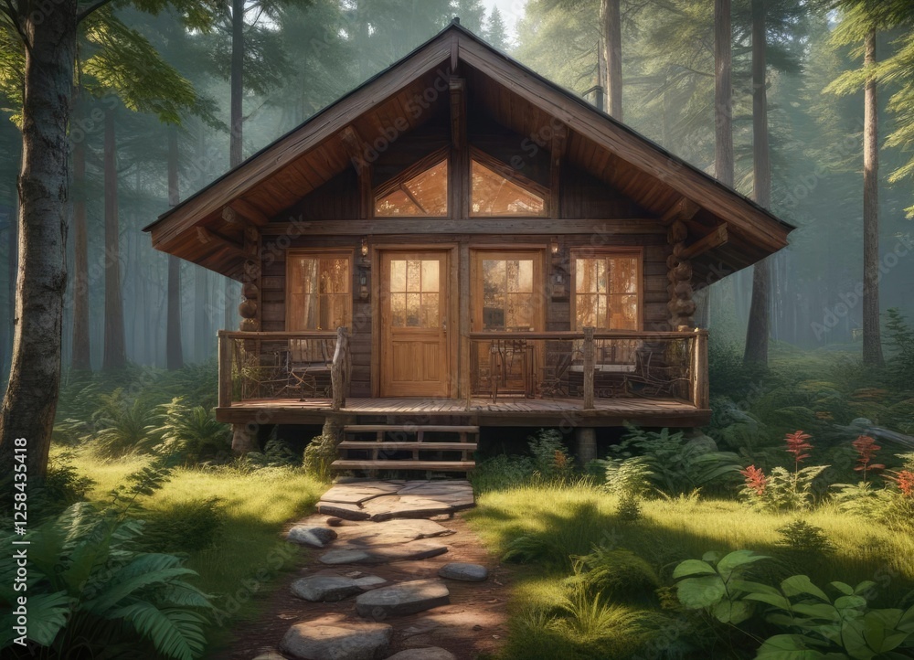 Cozy wooden cabin in the midst of dense forest foliage, peaceful, solitude Cozy wooden cabin in the midst of dense forest foliage, peaceful, solitude