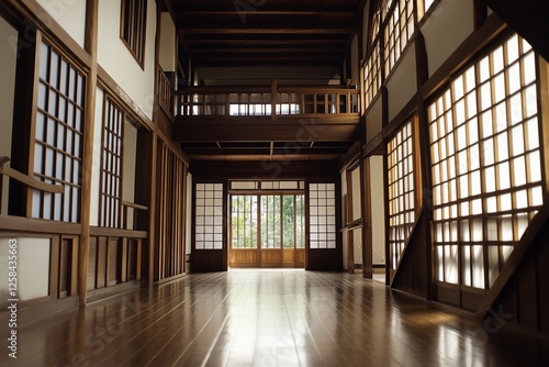 Wallpaper Mural Spacious, sunlit interior of a traditional Japanese house with wooden floors, walls, and shoji screens. Torontodigital.ca