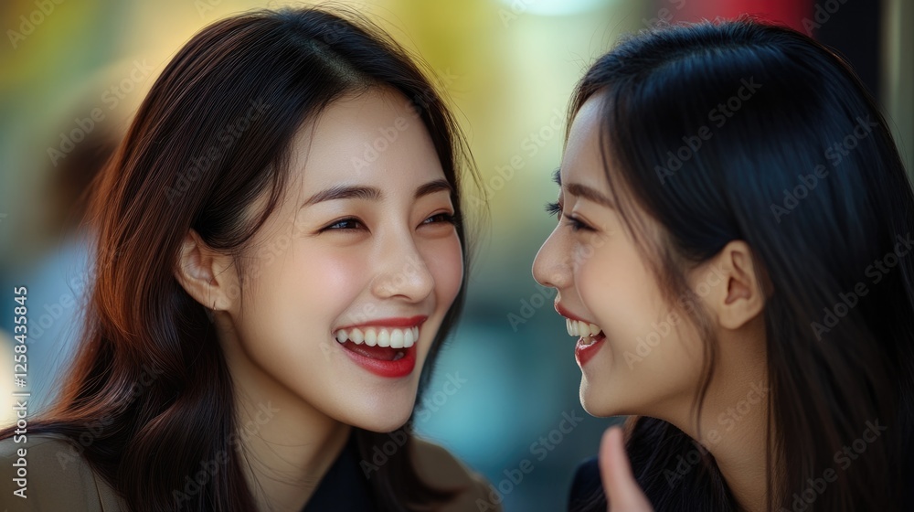Two Asian women having a conversation, smiling and laughing together Two Asian women having a conversation, smiling and laughing together