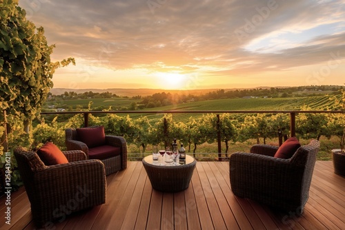 Sunset view from a vineyard patio with wine and comfortable seating. photo