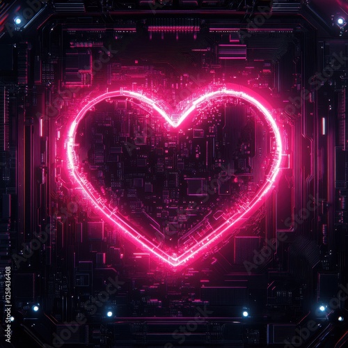 Neon heart symbol glowing in digital space. photo