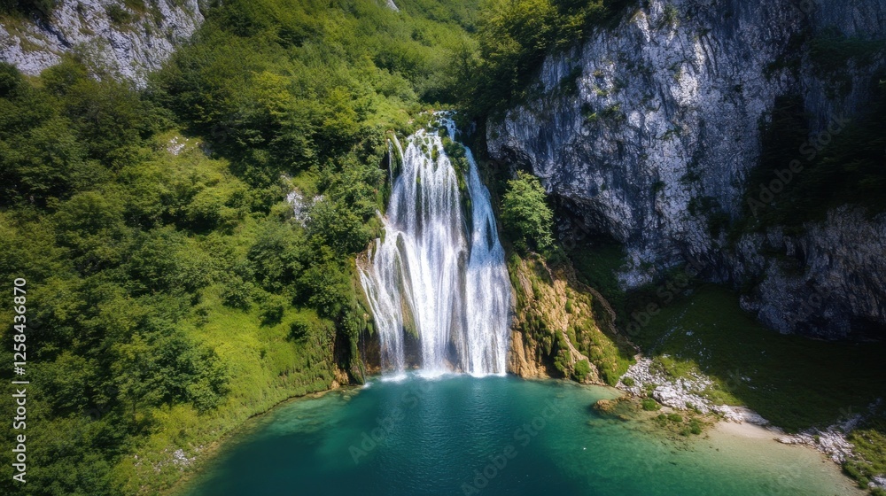 Fototapeta premium Plitvice Lakes National Park: Majestic Waterfall and Turquoise Lake Scenery