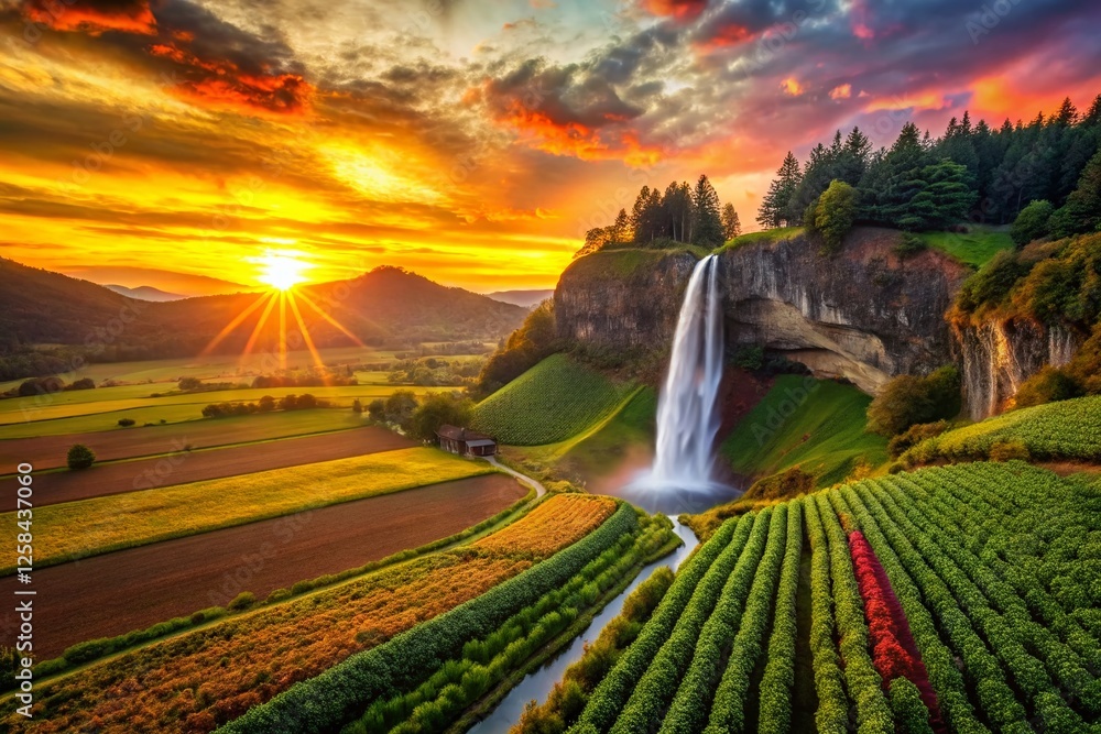 Aerial Sunrise View of Organic Farm Fields with Bridal Veil Falls in Background - Harvesting Season Aerial Sunrise View of Organic Farm Fields with Bridal Veil Falls in Background - Harvesting Season