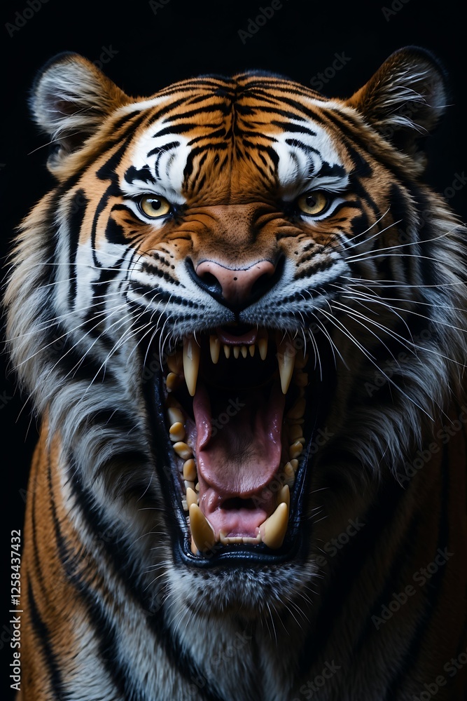 Majestic Roaring Tiger with Striking Features, A fierce tiger with vibrant stripes and an intense expression, perfect for wildlife enthusiasts and art projects. Majestic Roaring Tiger with Striking Features, A fierce tiger with vibrant stripes and an intense expression, perfect for wildlife enthusiasts and art projects.