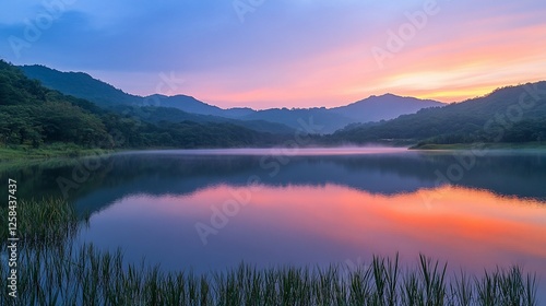Wallpaper Mural Serene sunrise over a calm lake reflecting colorful sky and mist-covered mountains. Torontodigital.ca