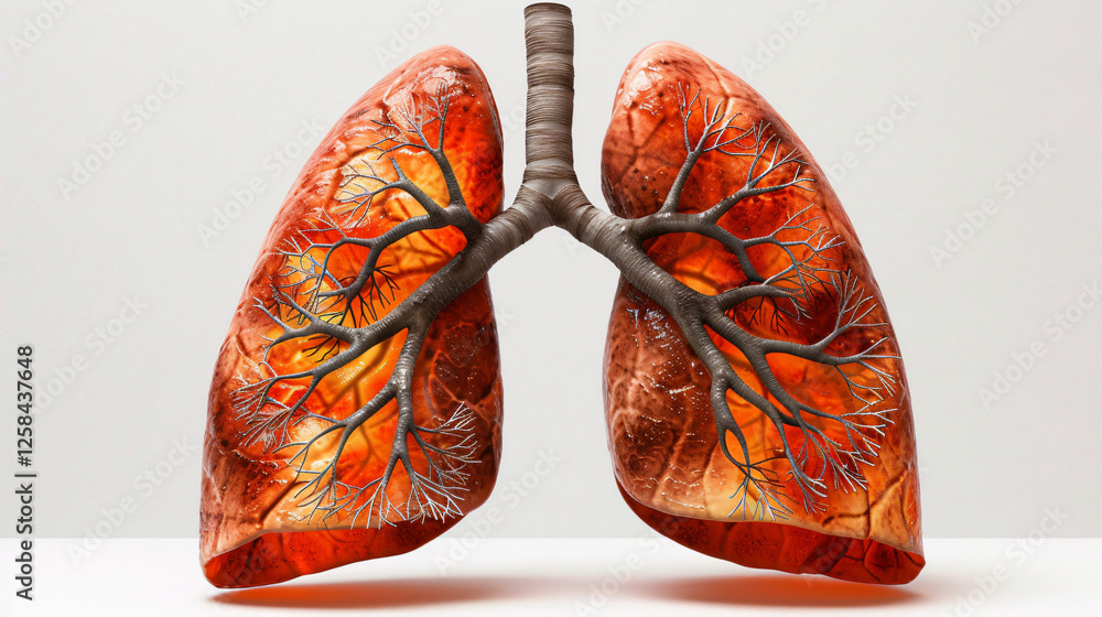A realistic representation of human lungs in perfect detail, showing the bronchi and airways, set on a minimalist white background to highlight their anatomical accuracy. A realistic representation of human lungs in perfect detail, showing the bronchi and airways, set on a minimalist white background to highlight their anatomical accuracy.