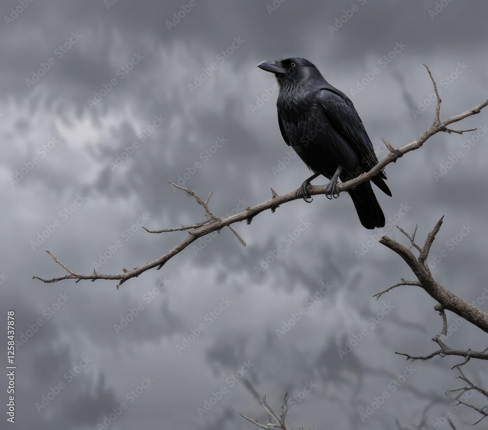 Crow perches on a bare branch against grey sky, bird, crow, corvus cornix