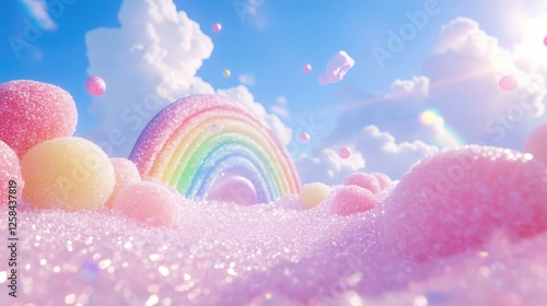 Enchanting Candyland, Rainbow Arch Over Sparkling Pastel Sugar Dunes