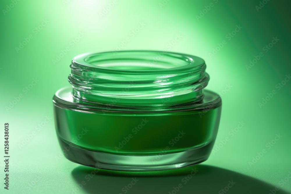 A small green jar filled with cream sits on a bright green background, suitable for packaging or cosmetic uses A small green jar filled with cream sits on a bright green background, suitable for packaging or cosmetic uses