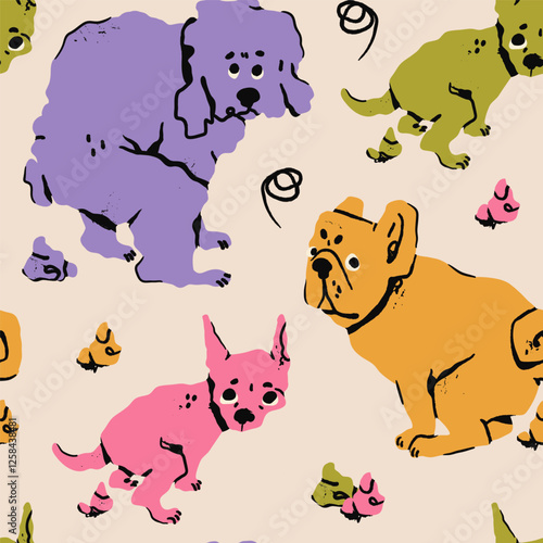 Poodle, chihuahua, bulldog pooping while looking at the camera. Hand drawn Vector illustration. Littering not allowed, cleaning up, picking up waste concept. Square seamless Pattern, background