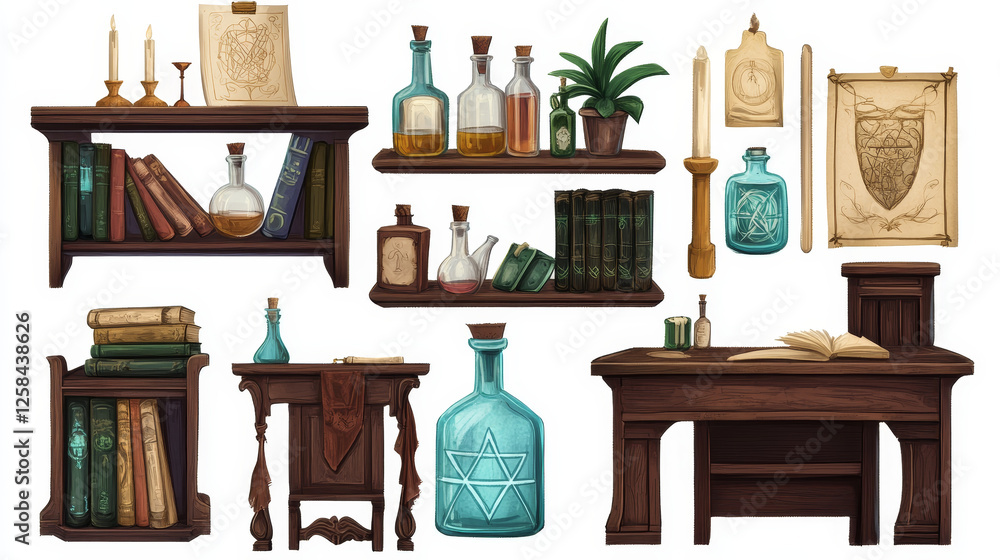 Fototapeta premium Cartoon set of furniture for alchemist room interior design. Vector illustration of wooden desk, chair, shelf with glass potion bottles and flasks, old books, ancient posters, potted plant and candle