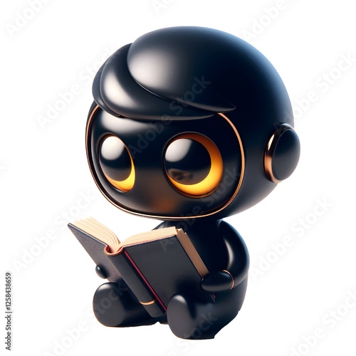 Cute 3D black robot with golden eyes reading a book in side view isolated on white background