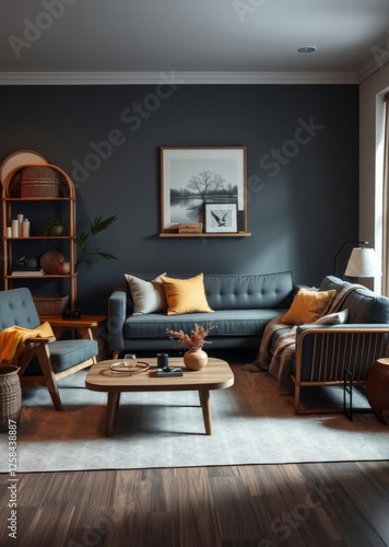 Obraz na płótnie The stylish boho compostion at living room interior with design gray sofa grenn armchair wooden coffee table bamboo shelf and elegant personal accessories honey yellow pillow and plaid home decor bamb w salonie