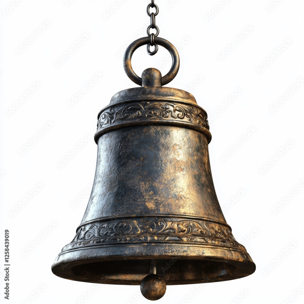 Detailed Close-Up of an Antique Bell with Intricate Designs and Metal Finish Hanging from a Chain Against a Plain Background Detailed Close-Up of an Antique Bell with Intricate Designs and Metal Finish Hanging from a Chain Against a Plain Background