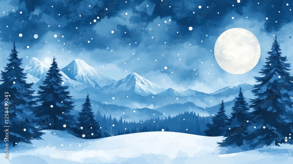 Enchanting nightscape with snowfall over the mountains and forest Enchanting nightscape with snowfall over the mountains and forest
